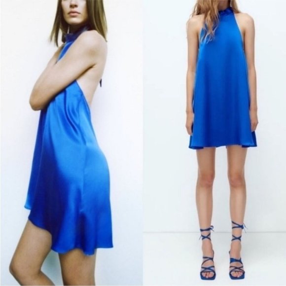 ZARA High Neck Open Back Satin Mini Halter Dress Royal Blue Size Small - Picture 3 of 12